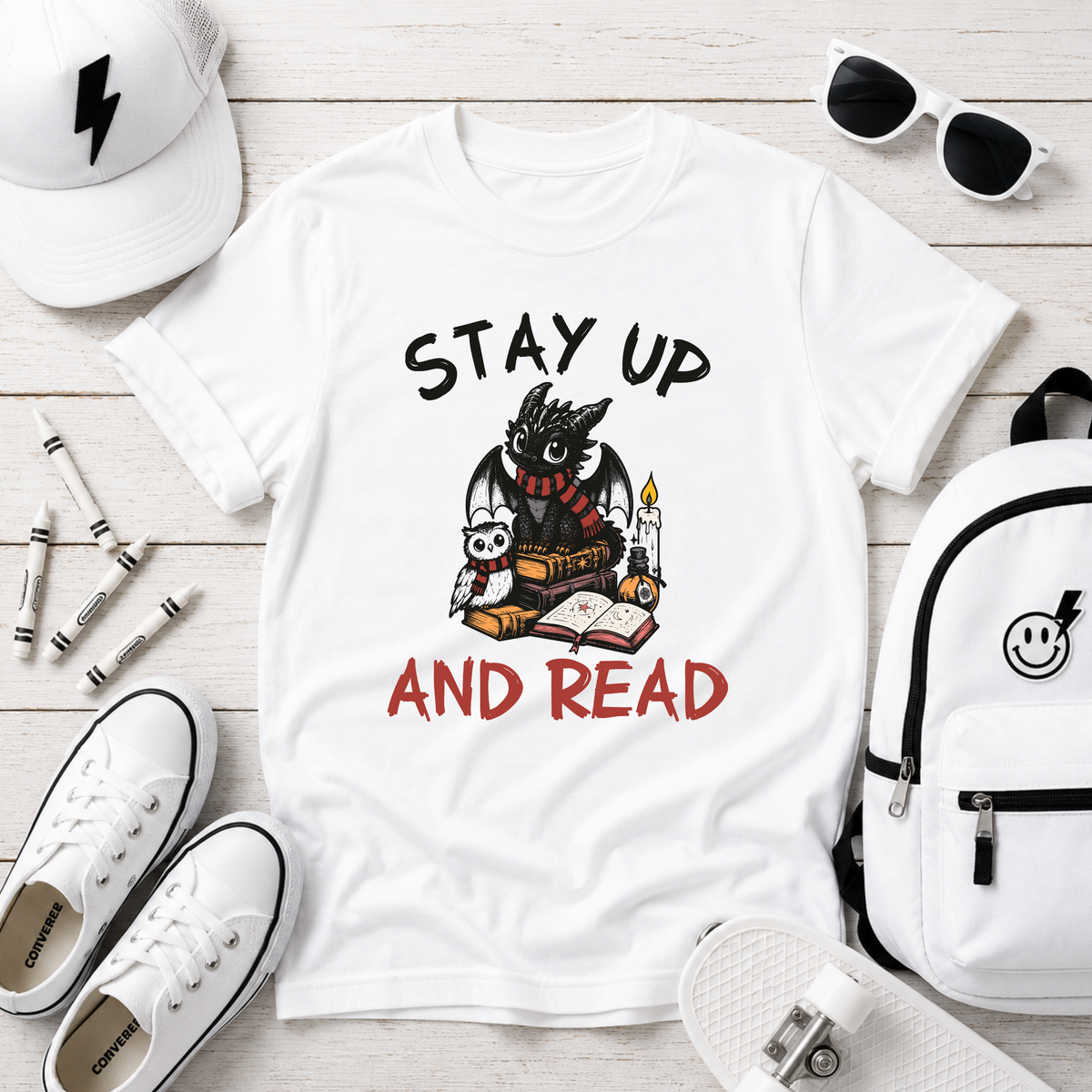 "Stay Up and Read" Cute Owl Reading Graphic Shirt for Kids