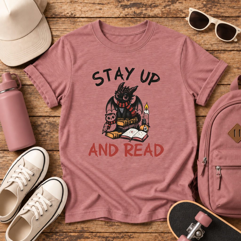 "Stay Up and Read" Cute Owl Reading Graphic Shirt for Kids