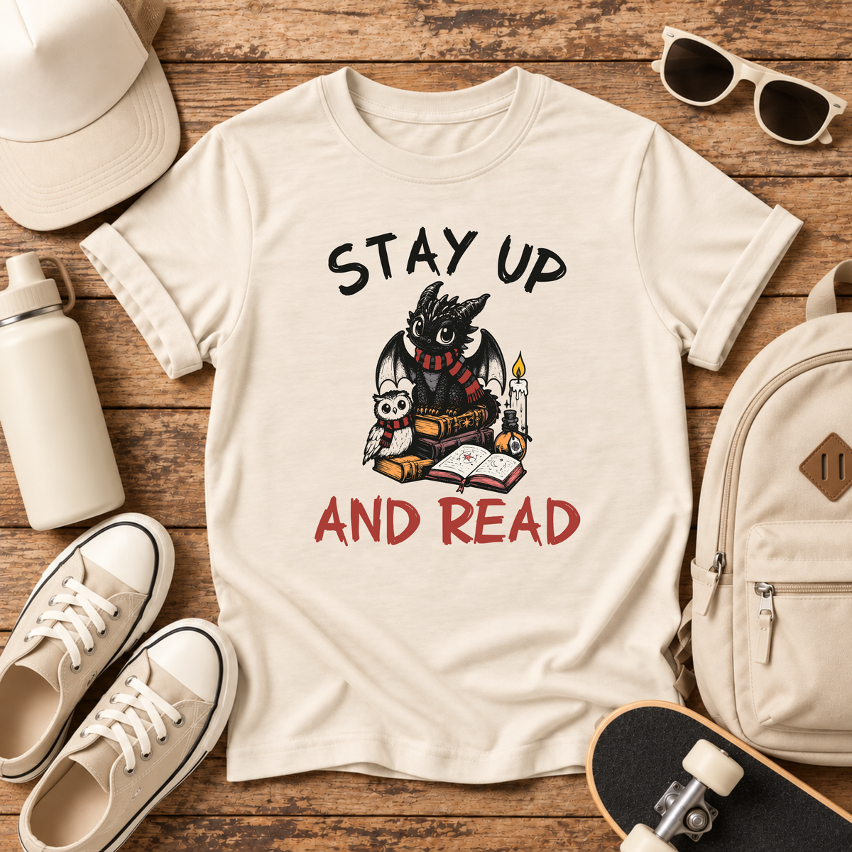 "Stay Up and Read" Cute Owl Reading Graphic Shirt for Kids