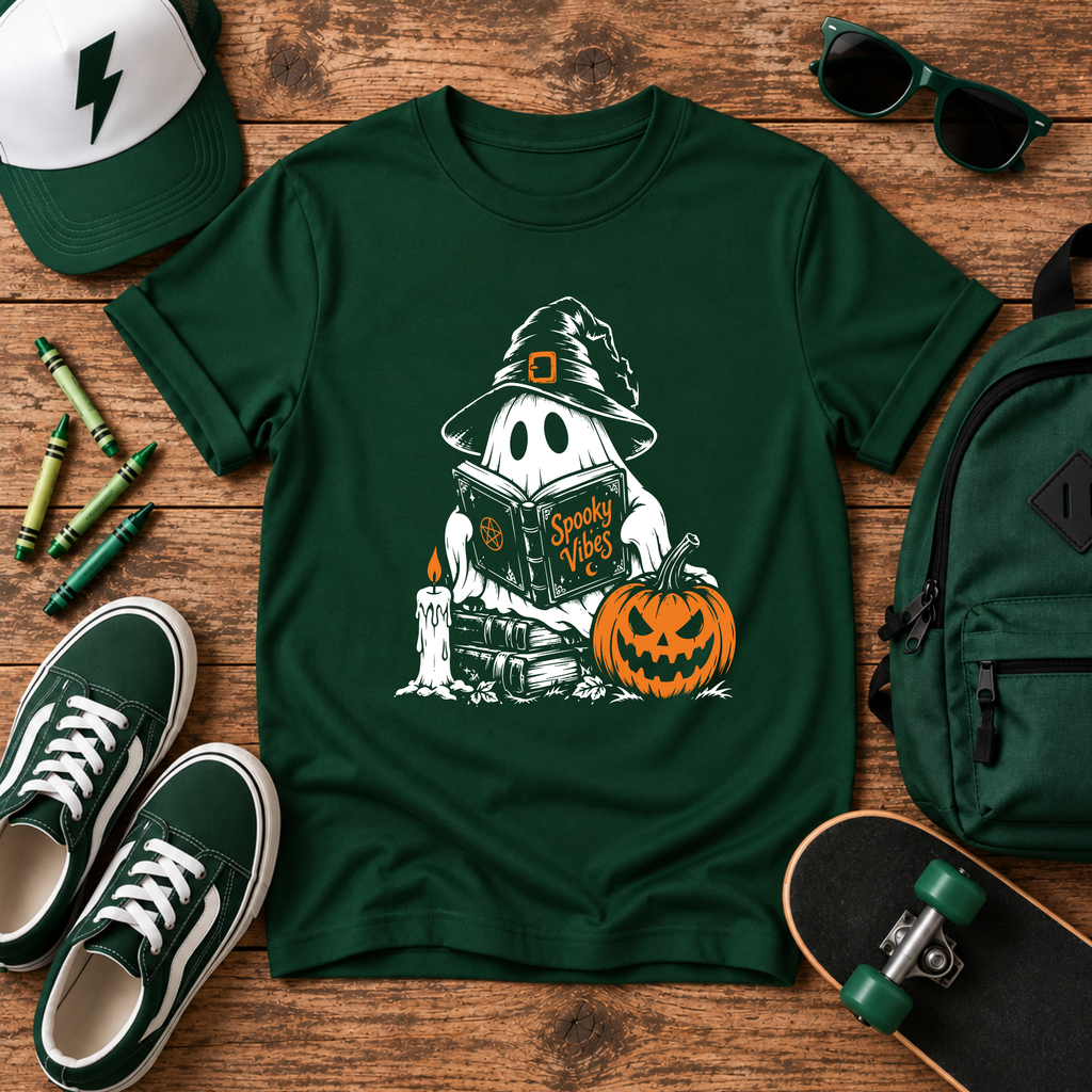 Kids Halloween Ghost T-shirt Cute "Ghost with Pumpkin & Trick-or-Treat Book"
