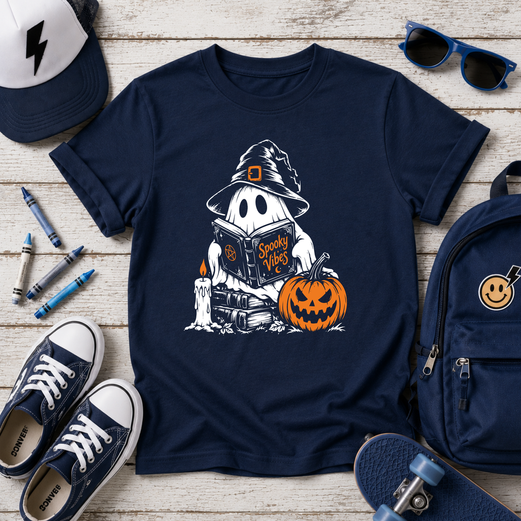 Kids Halloween Ghost T-shirt Cute "Ghost with Pumpkin & Trick-or-Treat Book"