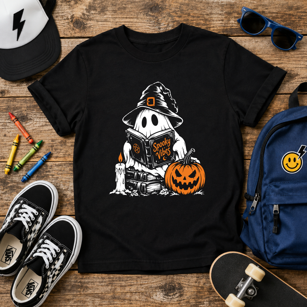 Kids Halloween Ghost T-shirt Cute "Ghost with Pumpkin & Trick-or-Treat Book"