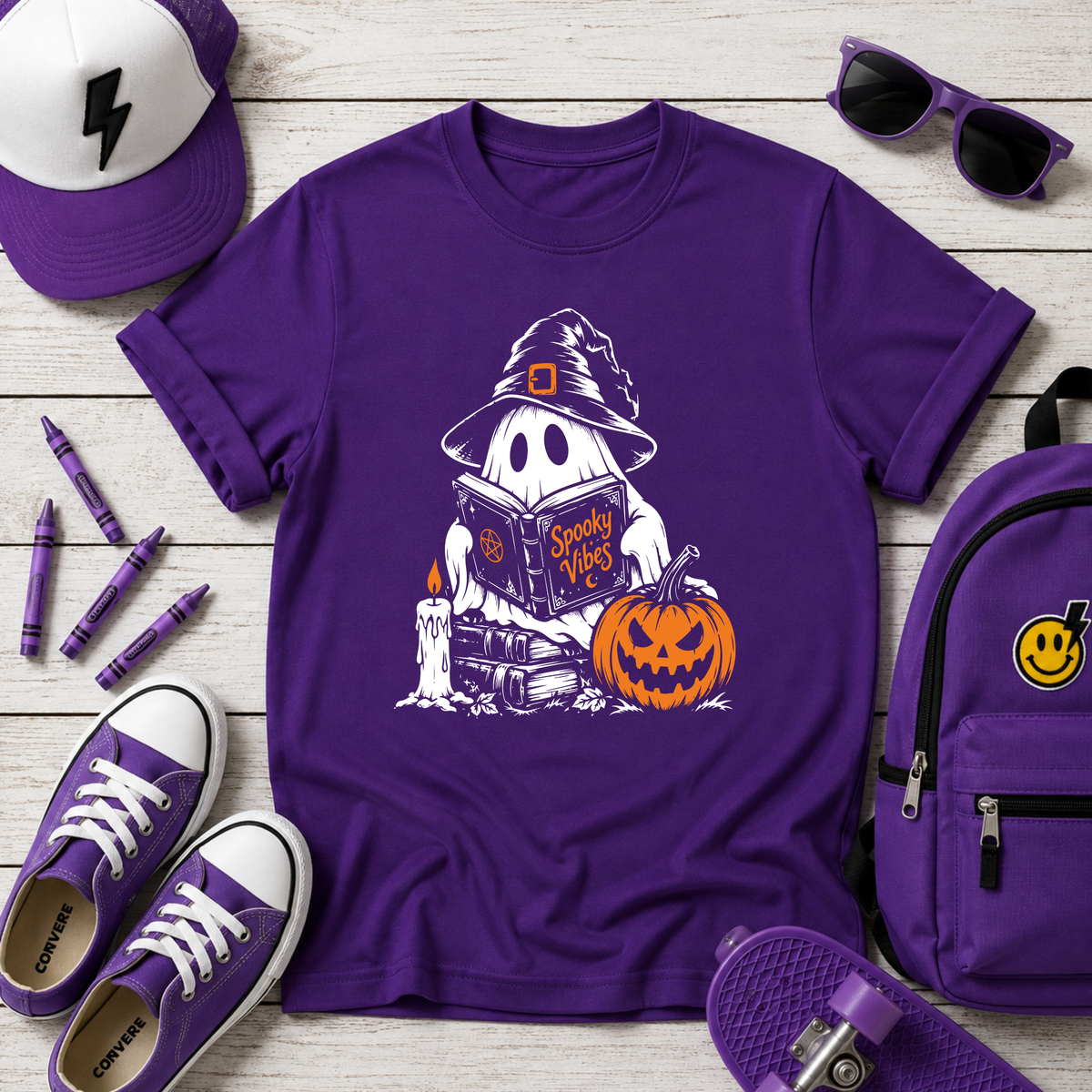 Kids Halloween Ghost T-shirt Cute "Ghost with Pumpkin & Trick-or-Treat Book"