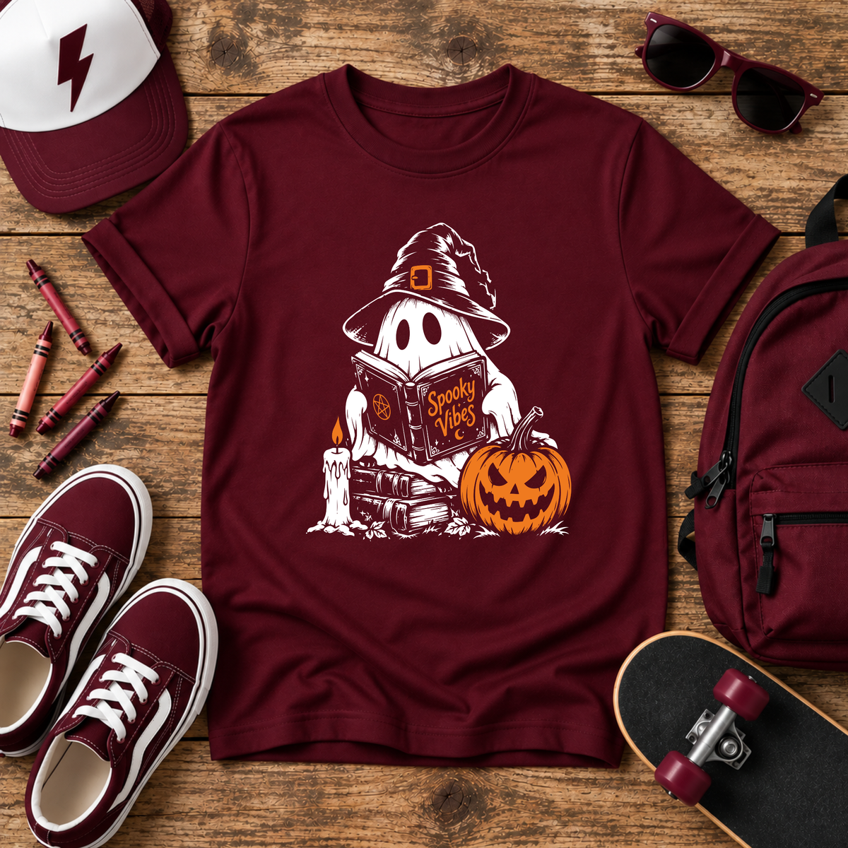 Kids Halloween Ghost T-shirt Cute "Ghost with Pumpkin & Trick-or-Treat Book"