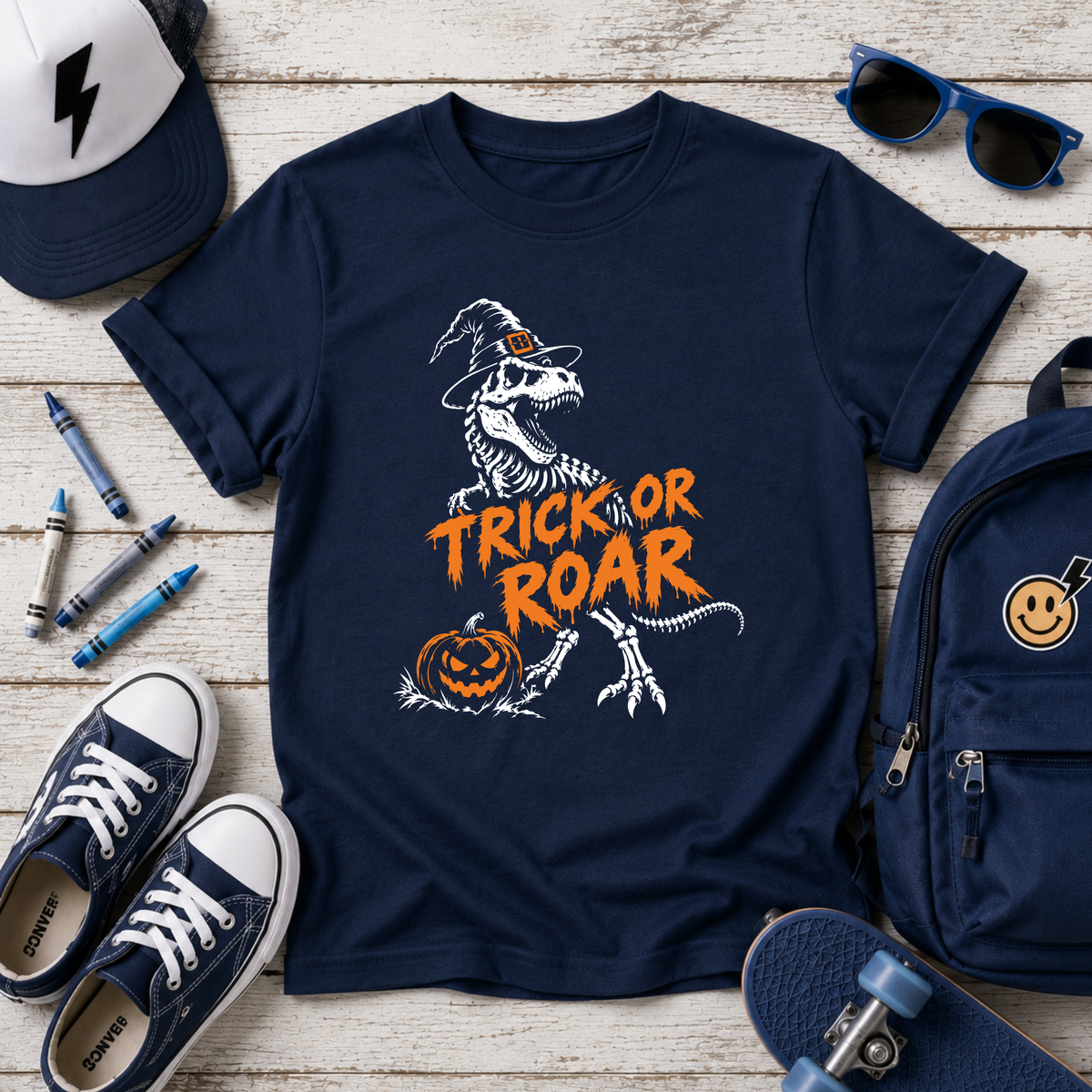 Kids Halloween T‑Shirt 'Trick or Roar' Dinosaur Witch with Jack‑o'‑Lantern