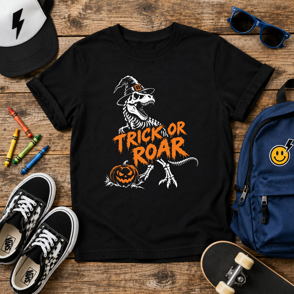 Kids Halloween T‑Shirt 'Trick or Roar' Dinosaur Witch with Jack‑o'‑Lantern