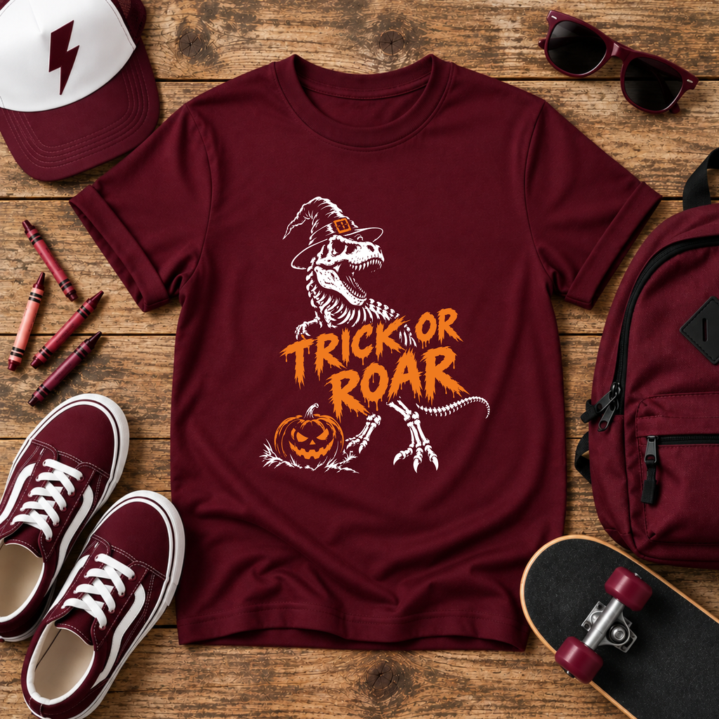 Kids Halloween T‑Shirt 'Trick or Roar' Dinosaur Witch with Jack‑o'‑Lantern