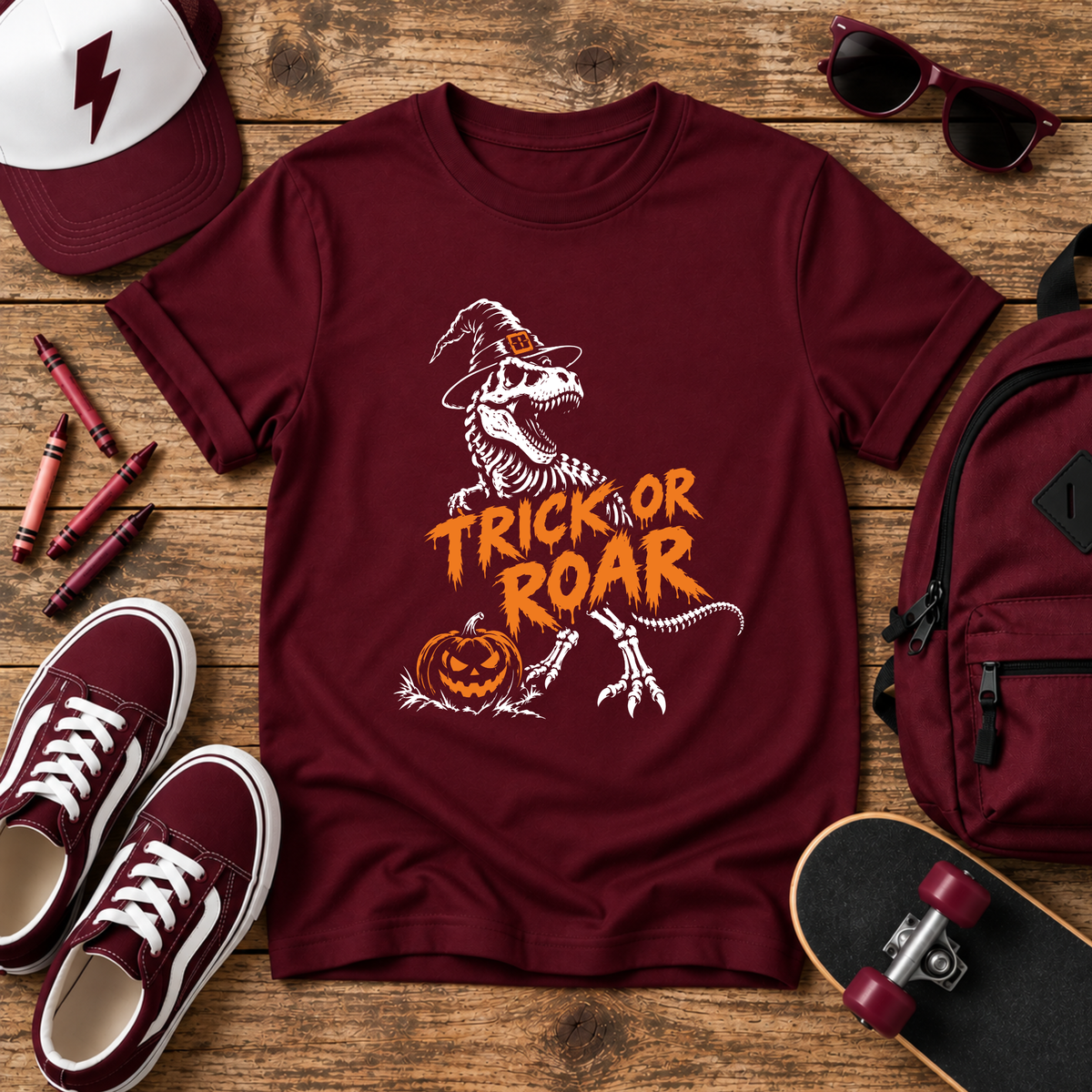 Kids Halloween T‑Shirt 'Trick or Roar' Dinosaur Witch with Jack‑o'‑Lantern