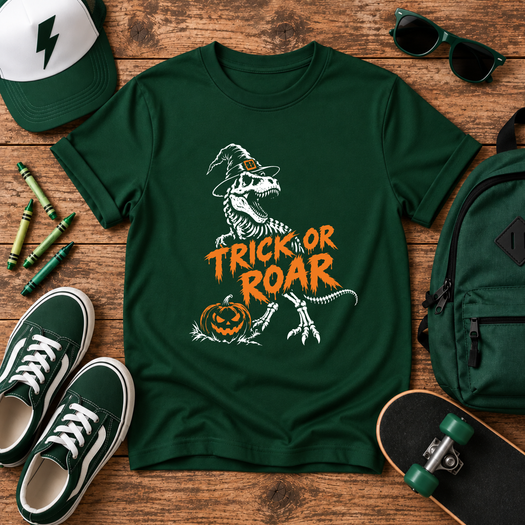 Kids Halloween T‑Shirt 'Trick or Roar' Dinosaur Witch with Jack‑o'‑Lantern