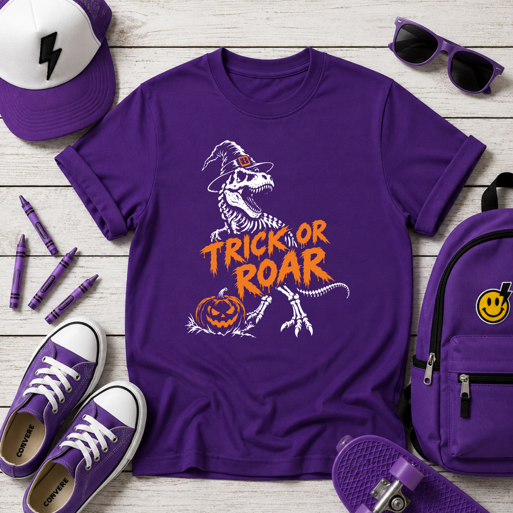 Kids Halloween T‑Shirt 'Trick or Roar' Dinosaur Witch with Jack‑o'‑Lantern