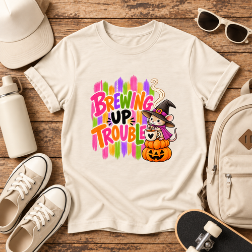 Brewing Up Trouble Kids Halloween T-Shirt, Witch Mouse