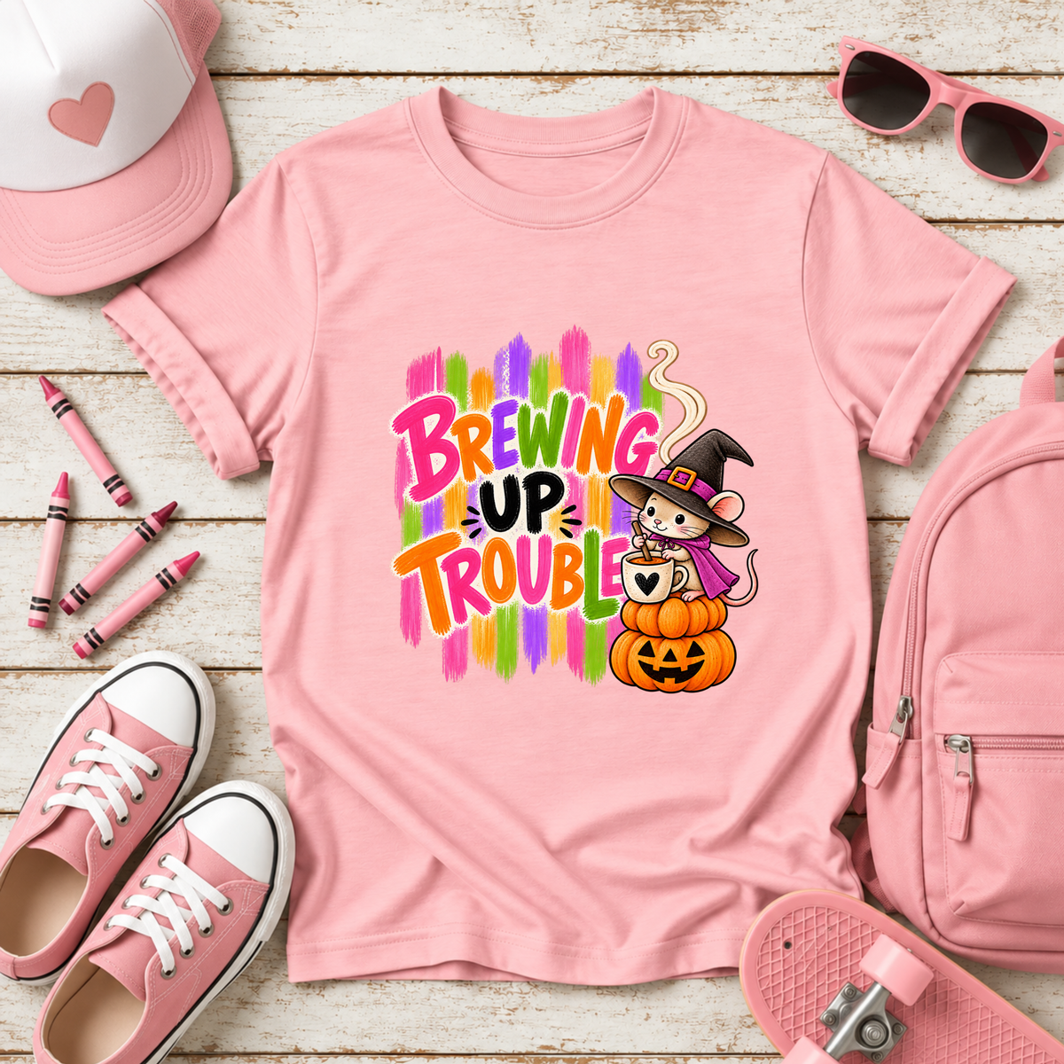 Brewing Up Trouble Kids Halloween T-Shirt, Witch Mouse