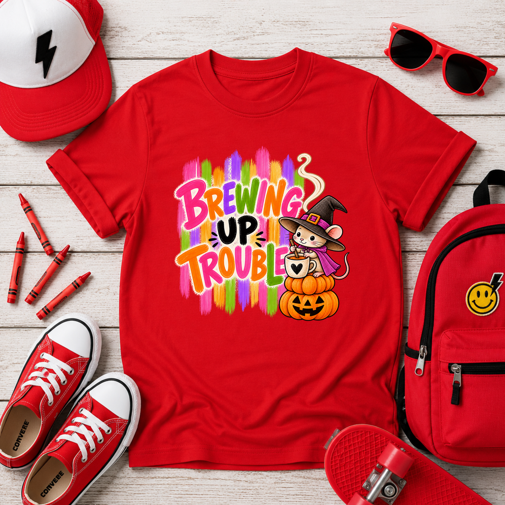 Brewing Up Trouble Kids Halloween T-Shirt, Witch Mouse