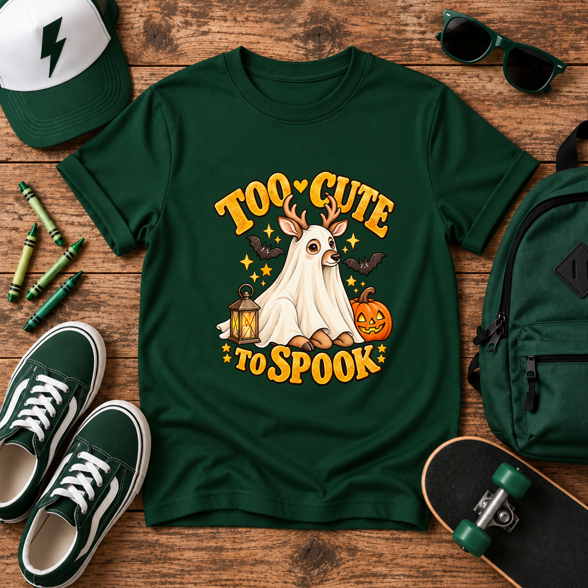 Too Cute to Spook Kids Halloween Shirt, Ghost Deer Pumpkin Tee