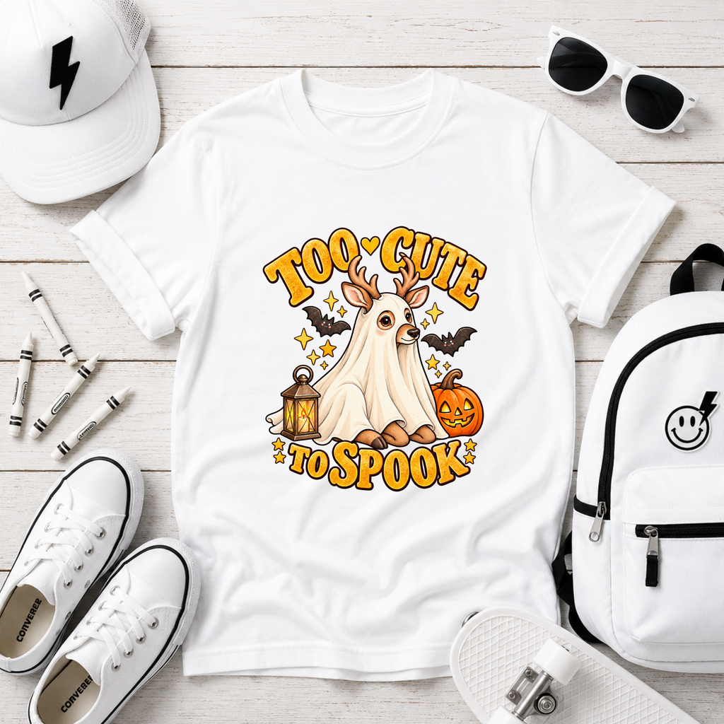 Too Cute to Spook Kids Halloween Shirt, Ghost Deer Pumpkin Tee