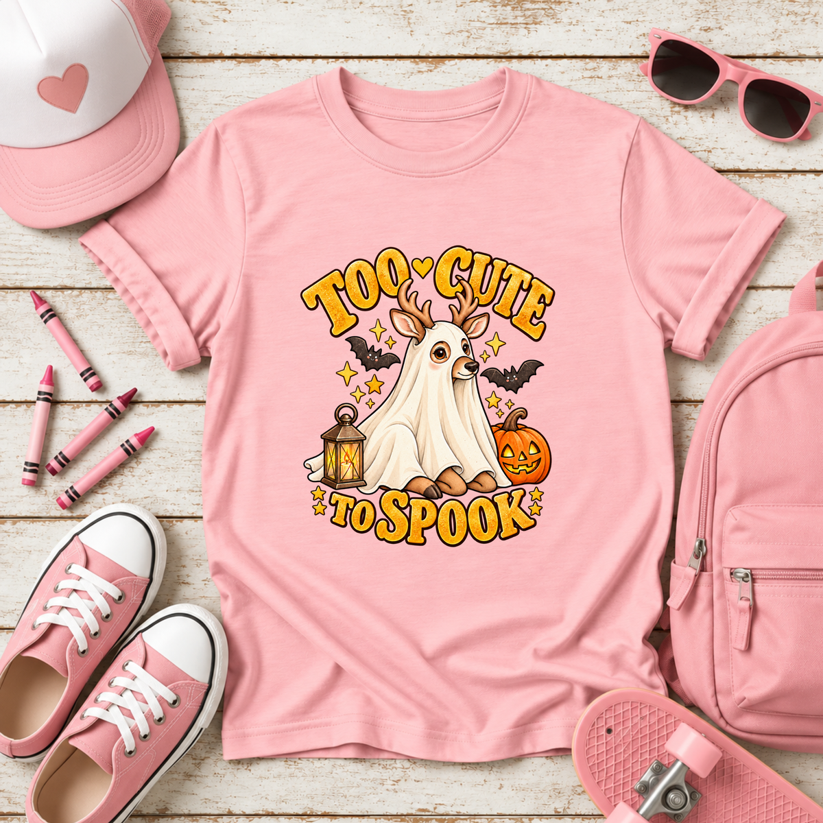 Too Cute to Spook Kids Halloween Shirt, Ghost Deer Pumpkin Tee