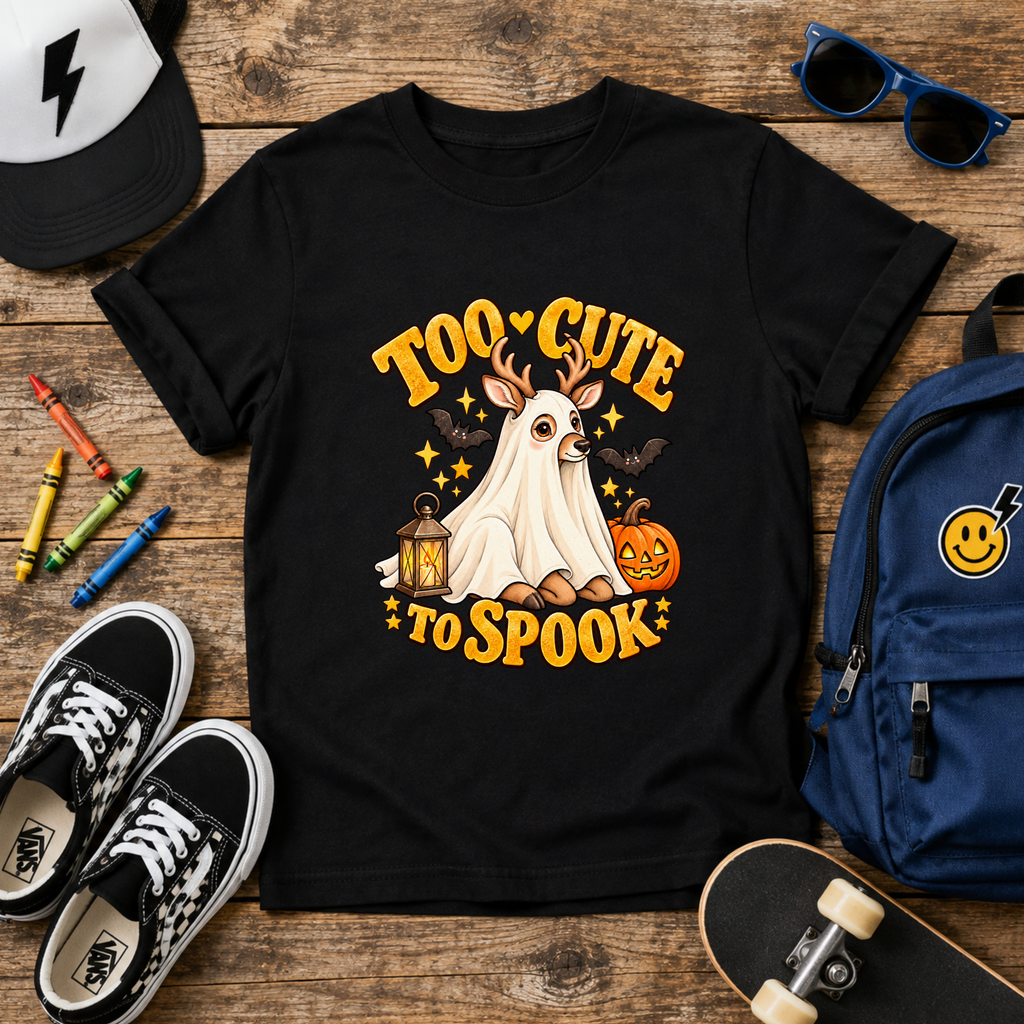 Too Cute to Spook Kids Halloween Shirt, Ghost Deer Pumpkin Tee