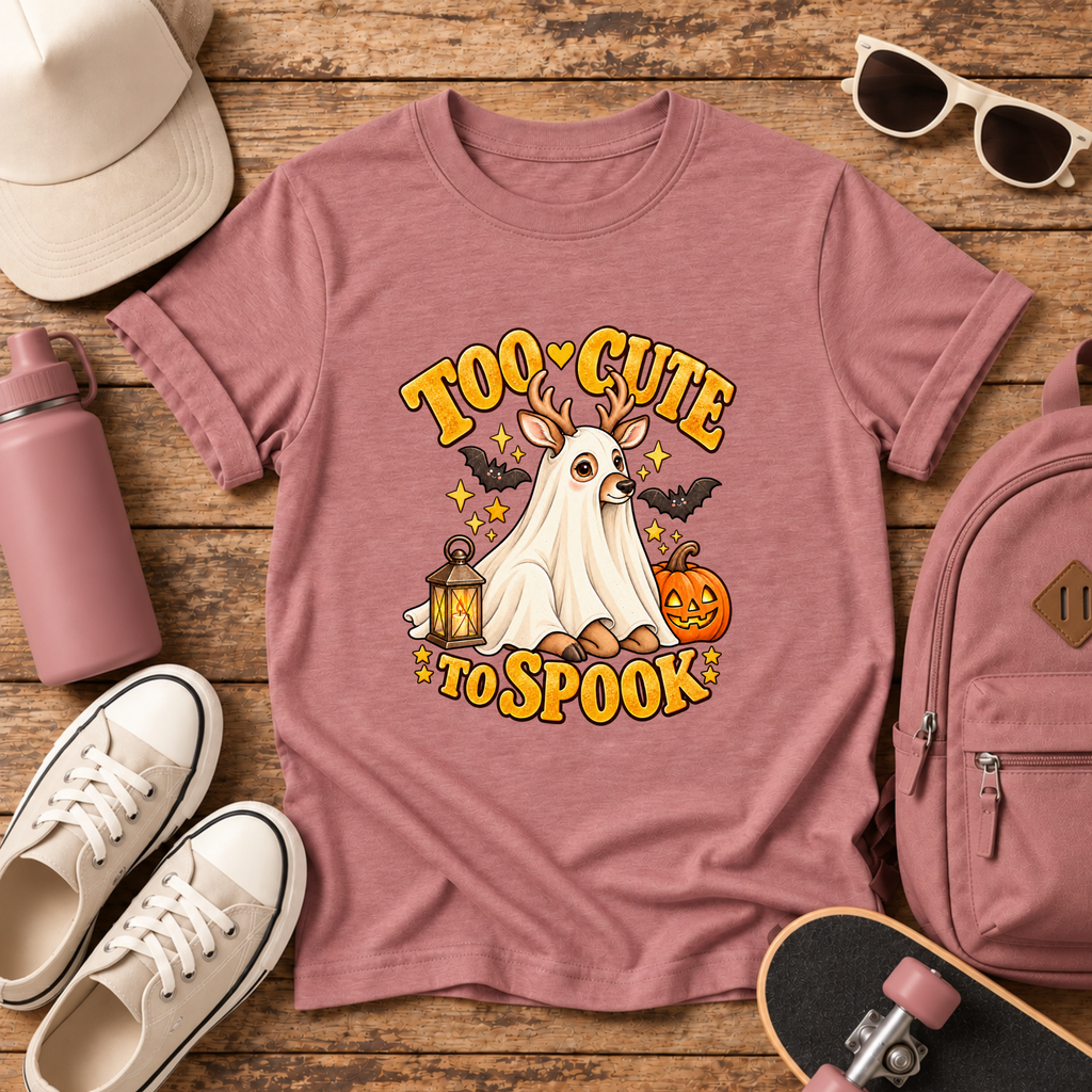 Too Cute to Spook Kids Halloween Shirt, Ghost Deer Pumpkin Tee