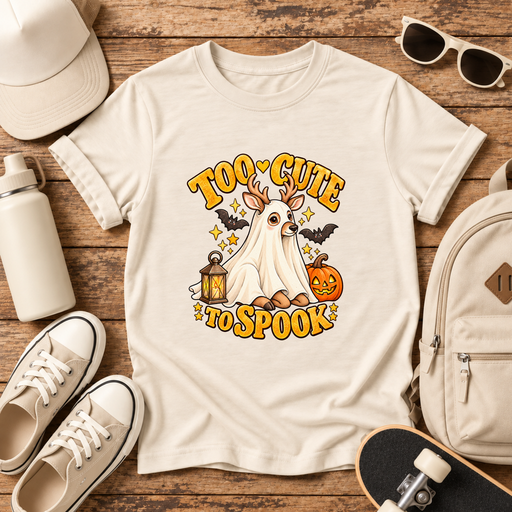 Too Cute to Spook Kids Halloween Shirt, Ghost Deer Pumpkin Tee