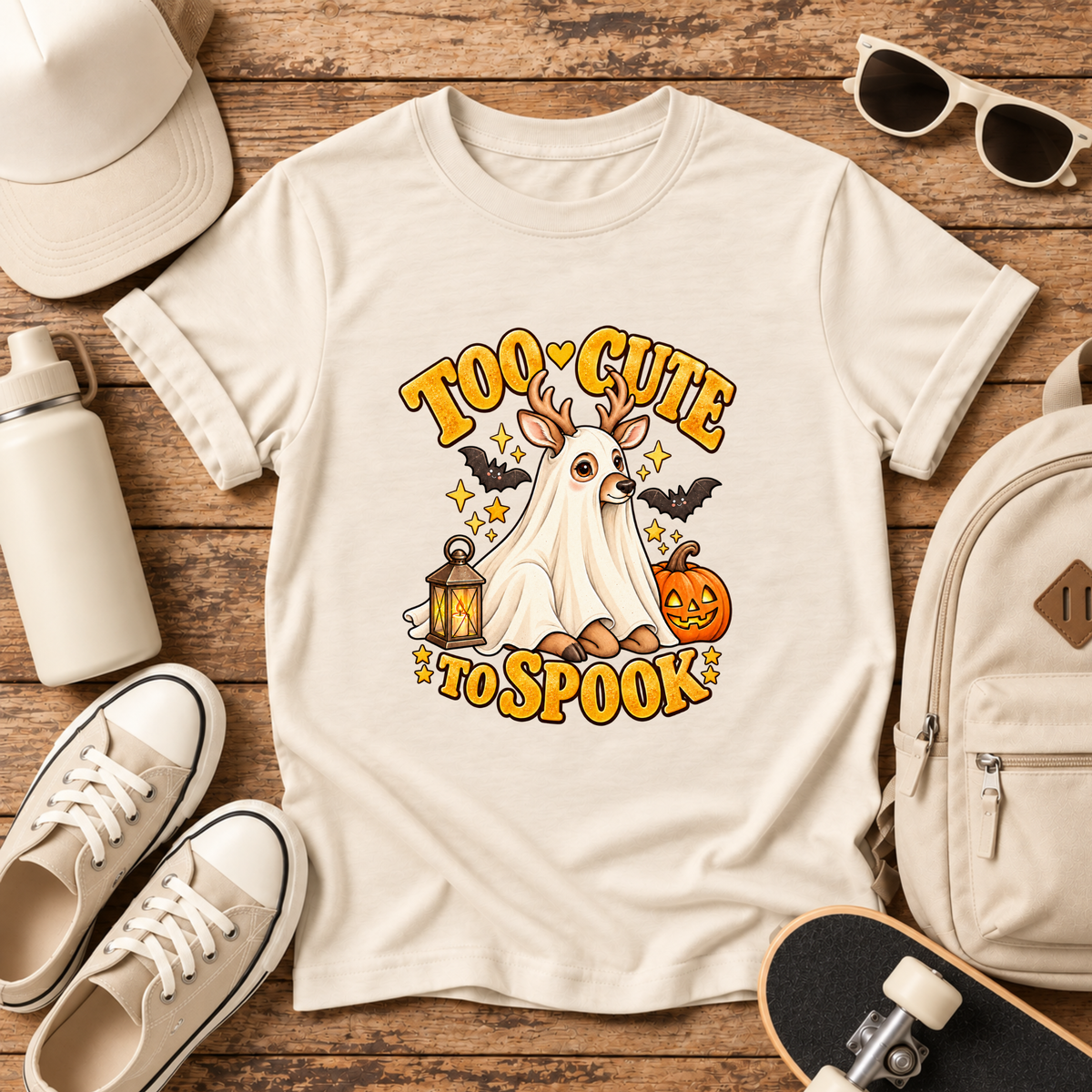 Too Cute to Spook Kids Halloween Shirt, Ghost Deer Pumpkin Tee