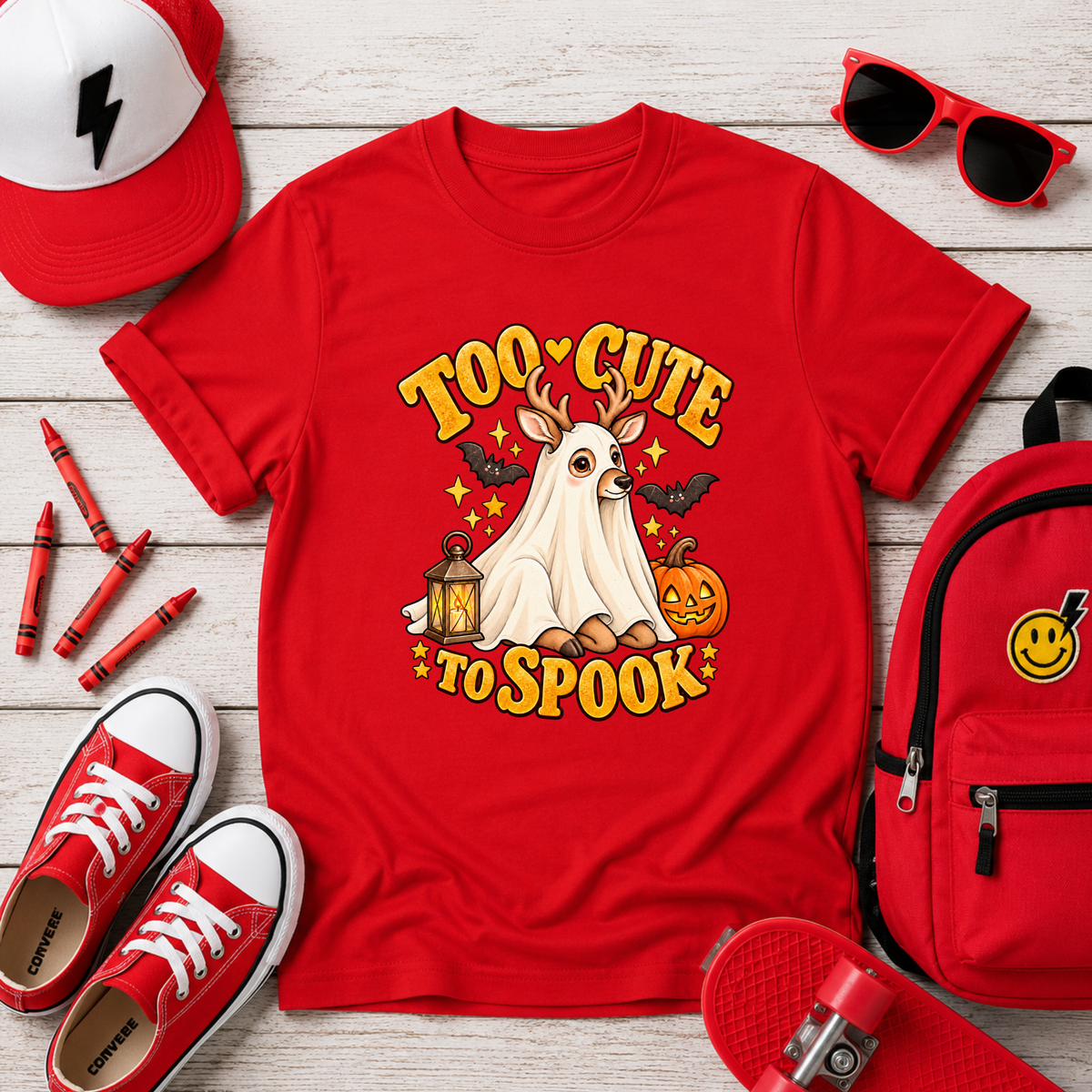 Too Cute to Spook Kids Halloween Shirt, Ghost Deer Pumpkin Tee