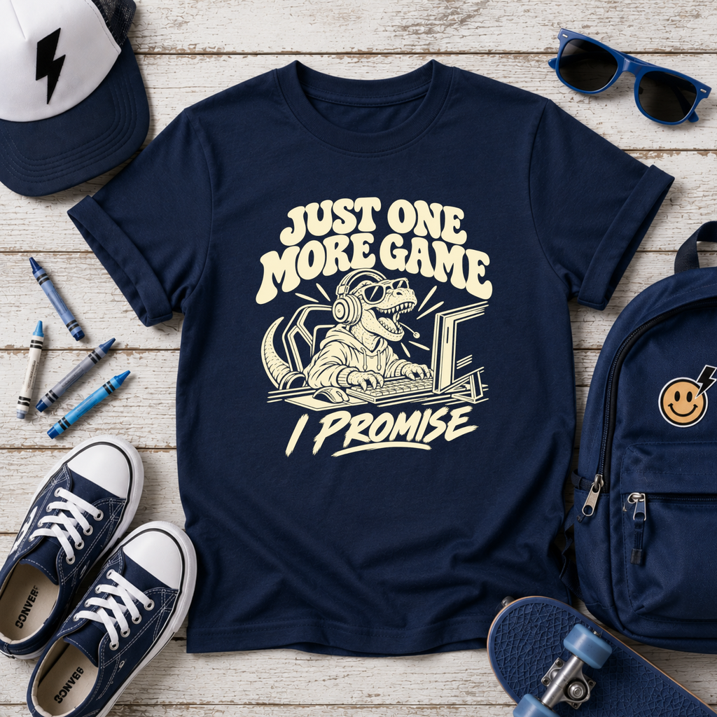 Just One More Game I Promise Kids Shirt, Funny Gamer Dinosaur Tee