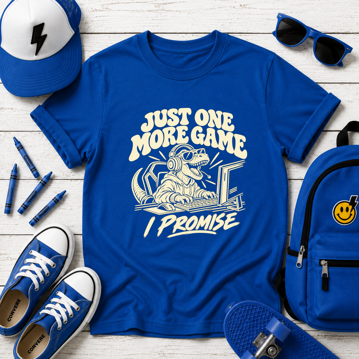 Just One More Game I Promise Kids Shirt, Funny Gamer Dinosaur Tee