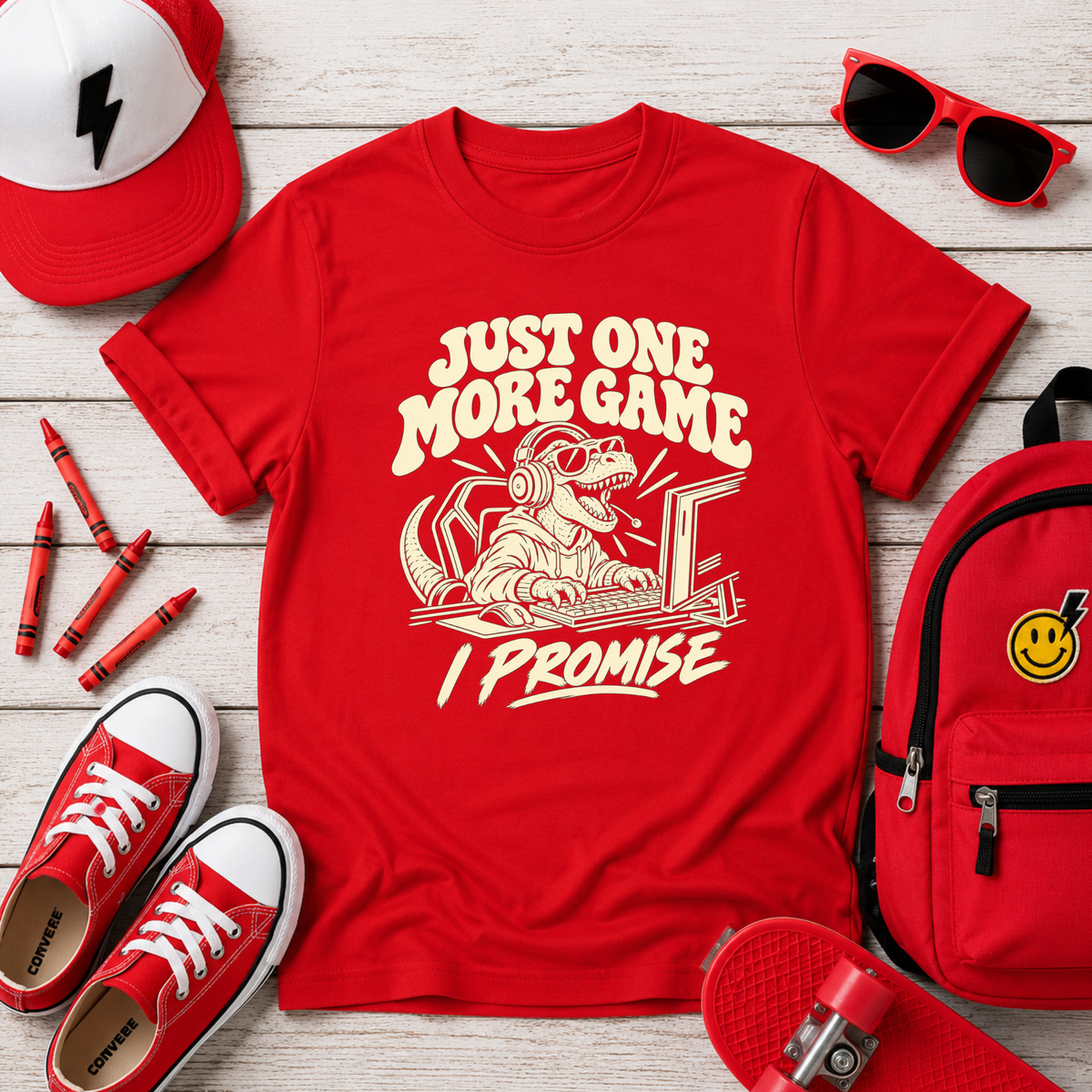 Just One More Game I Promise Kids Shirt, Funny Gamer Dinosaur Tee