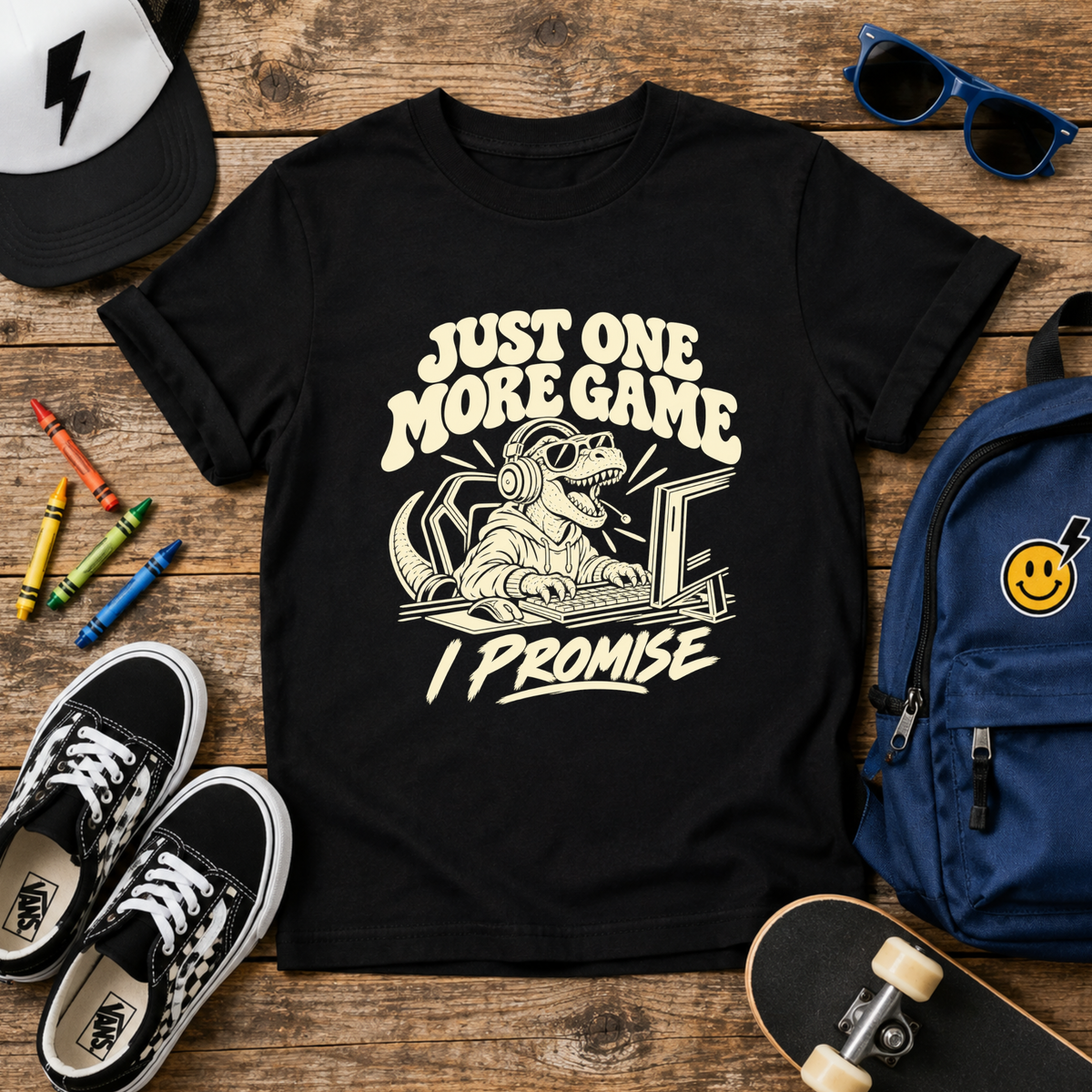 Just One More Game I Promise Kids Shirt, Funny Gamer Dinosaur Tee