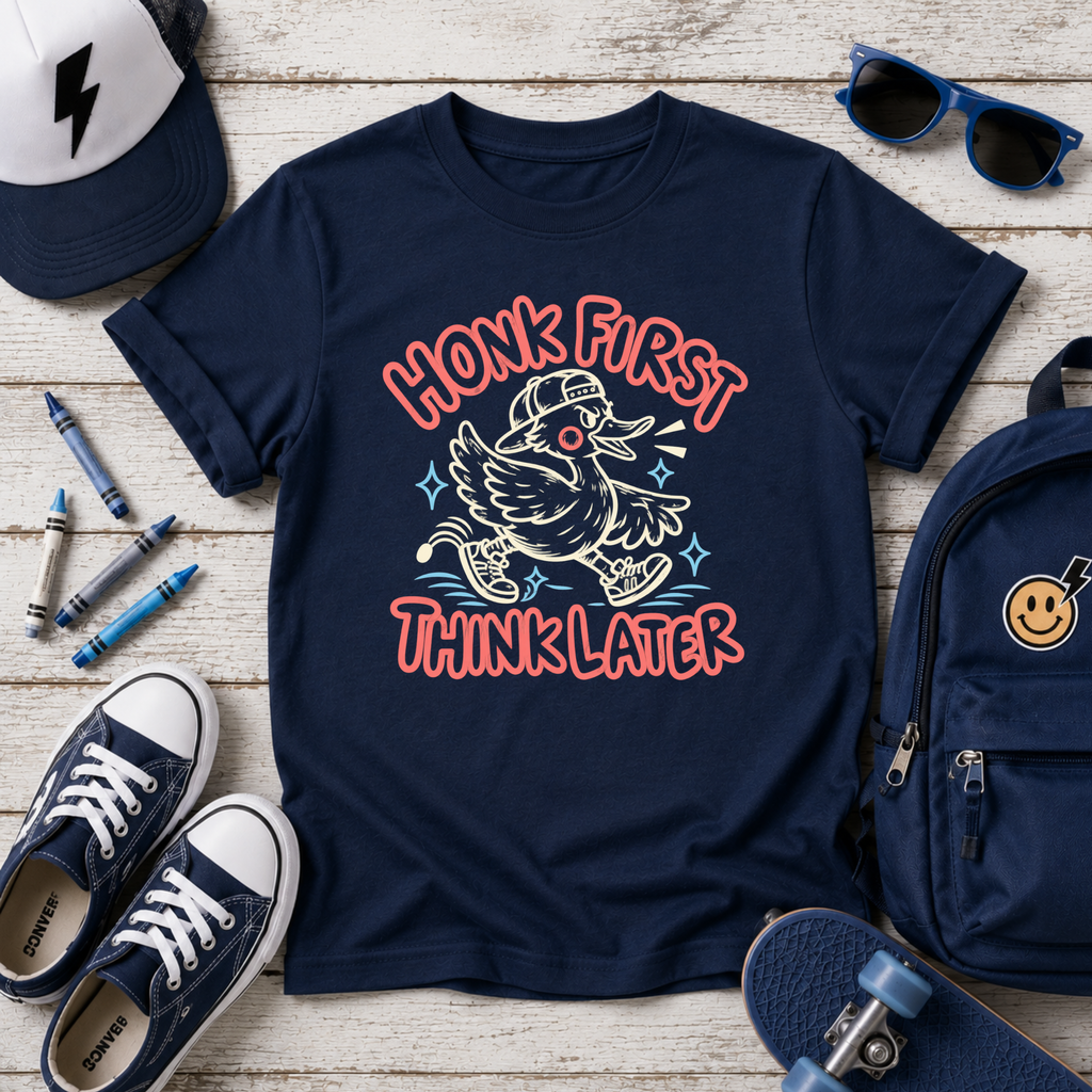 Honk First Think Later Kids Shirt, Funny Silly Goose Duck Tee