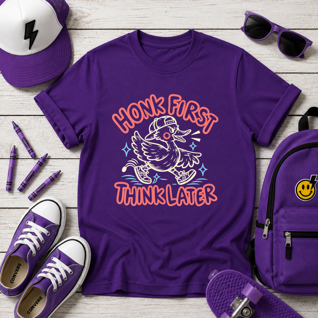 Honk First Think Later Kids Shirt, Funny Silly Goose Duck Tee