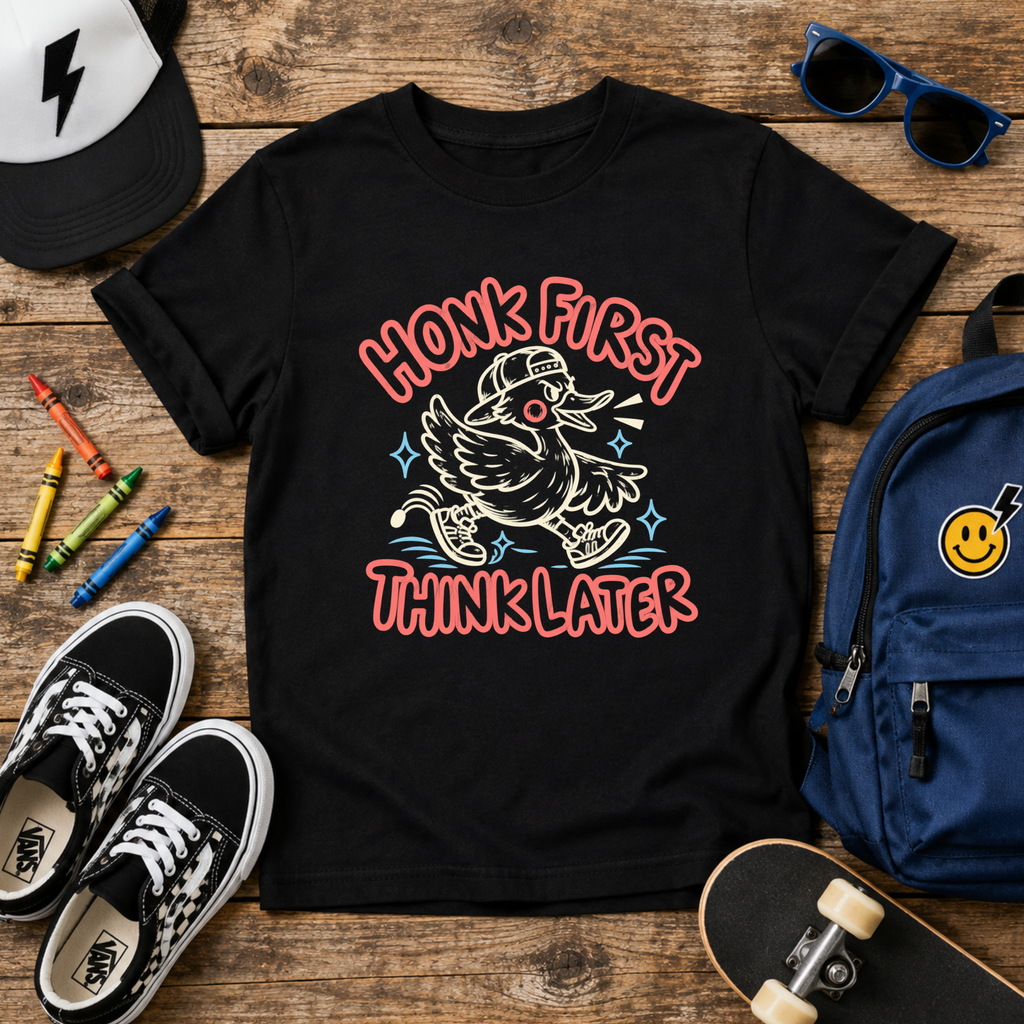 Honk First Think Later Kids Shirt, Funny Silly Goose Duck Tee