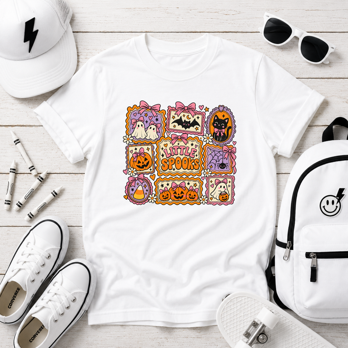 Little Spooks Kids Halloween Shirt, Cute Ghost Cat Pumpkin Tee