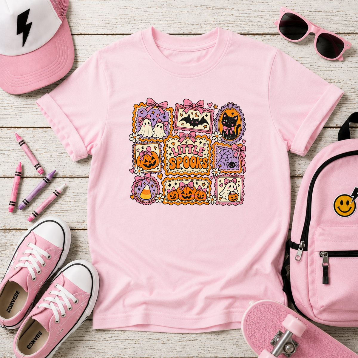 Little Spooks Kids Halloween Shirt, Cute Ghost Cat Pumpkin Tee