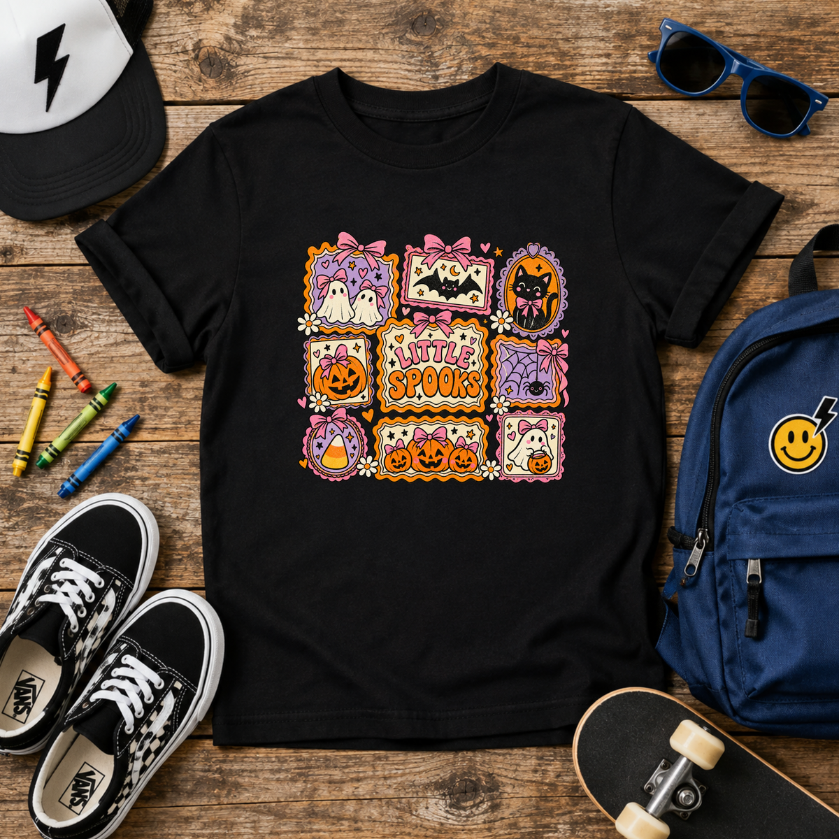 Little Spooks Kids Halloween Shirt, Cute Ghost Cat Pumpkin Tee