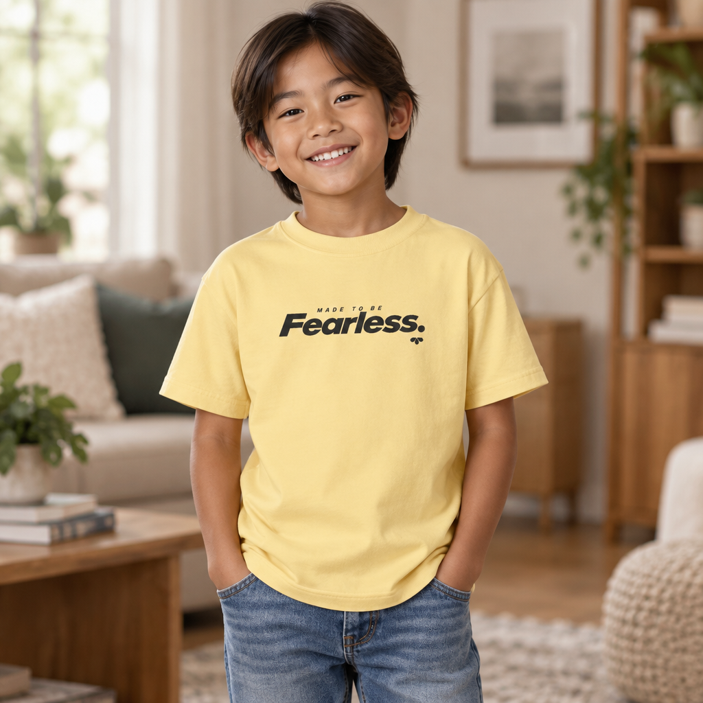 Motivational Youth Shirt, Made to Be Fearless Bold Text Tee, Confidence Kids