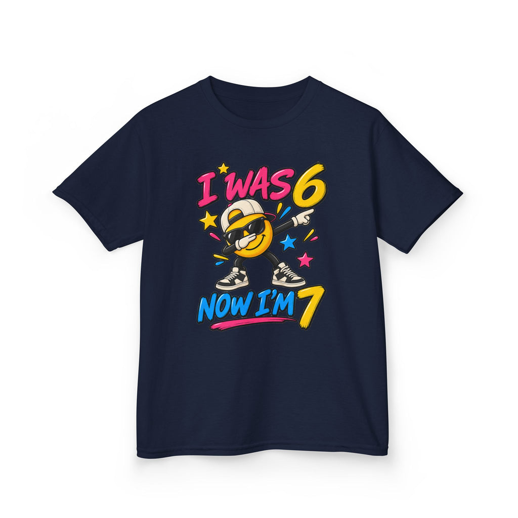 Kids 7th Birthday T‑Shirt "I Was 6 Now I'm 7" Cool Emoji Design