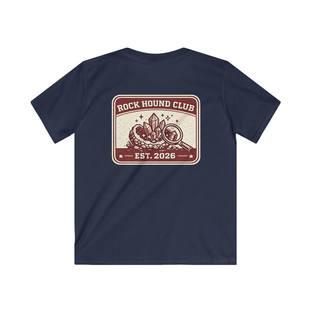 Rock Hound Club Kids T-Shirt 'Est. 2026' Gemstone & Magnifying Glass Design for Boys & Girls