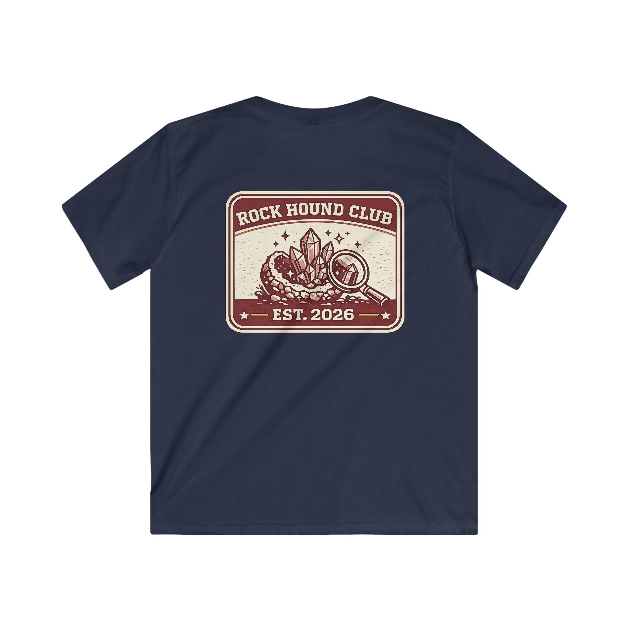 Rock Hound Club Kids T-Shirt 'Est. 2026' Gemstone & Magnifying Glass Design for Boys & Girls