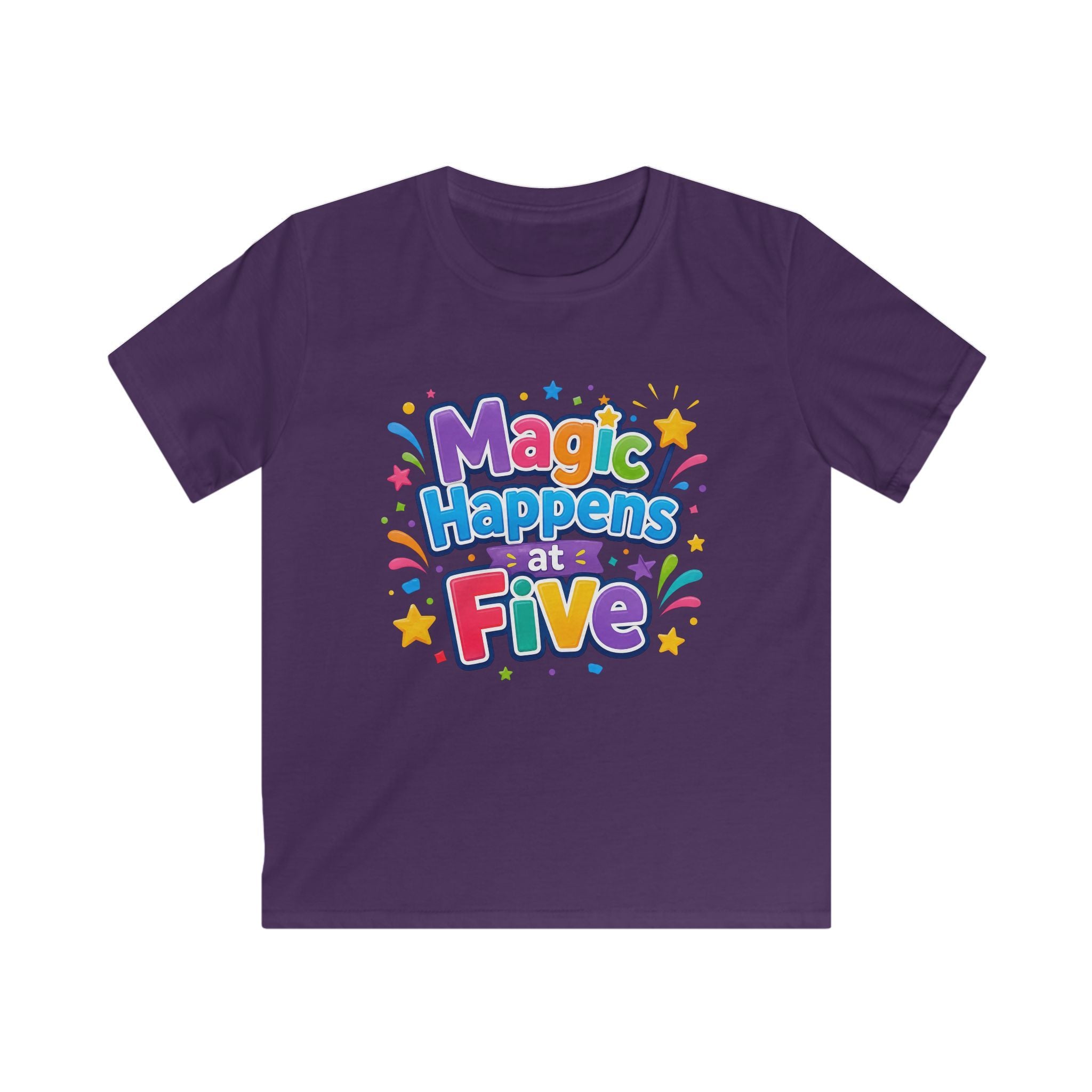 Kids Tee "Magic Happens at Five" Colorful Birthday Shirt