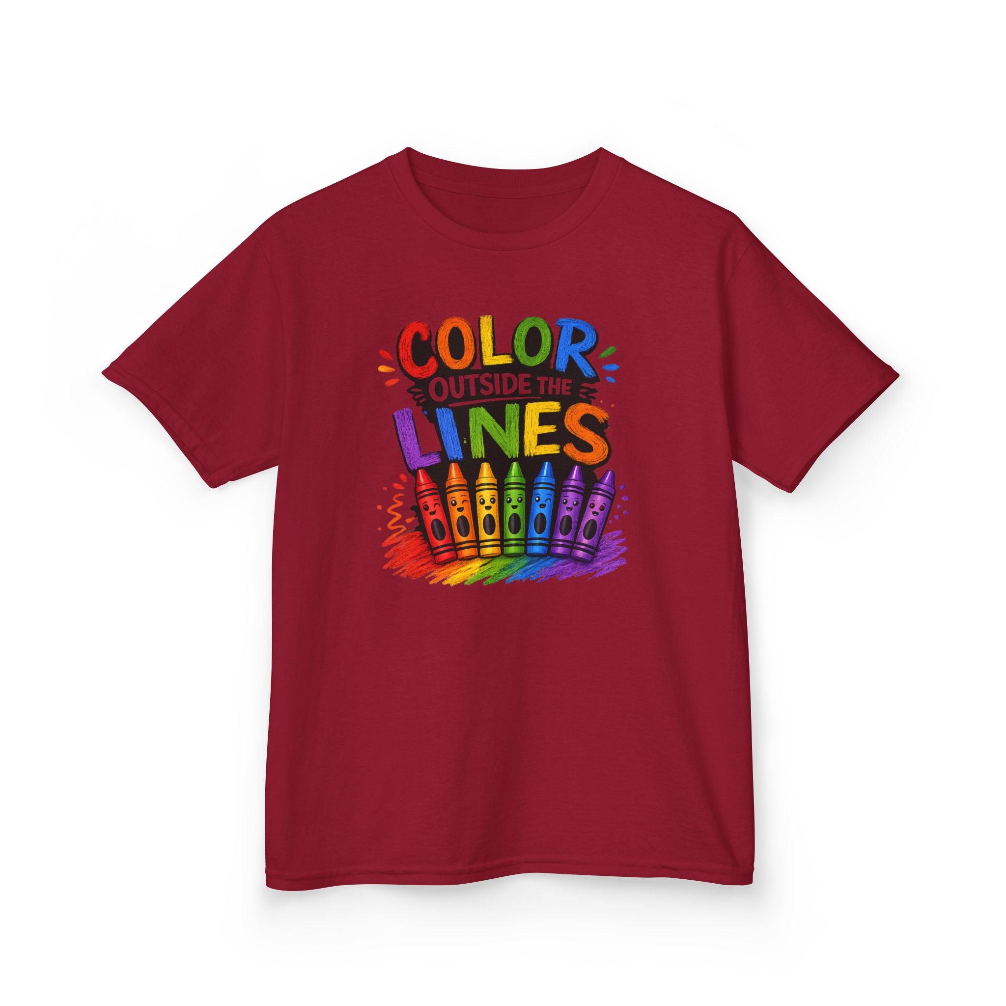 Kids "Color Outside the Lines" Graphic T-Shirt Rainbow Crayon Art Tee