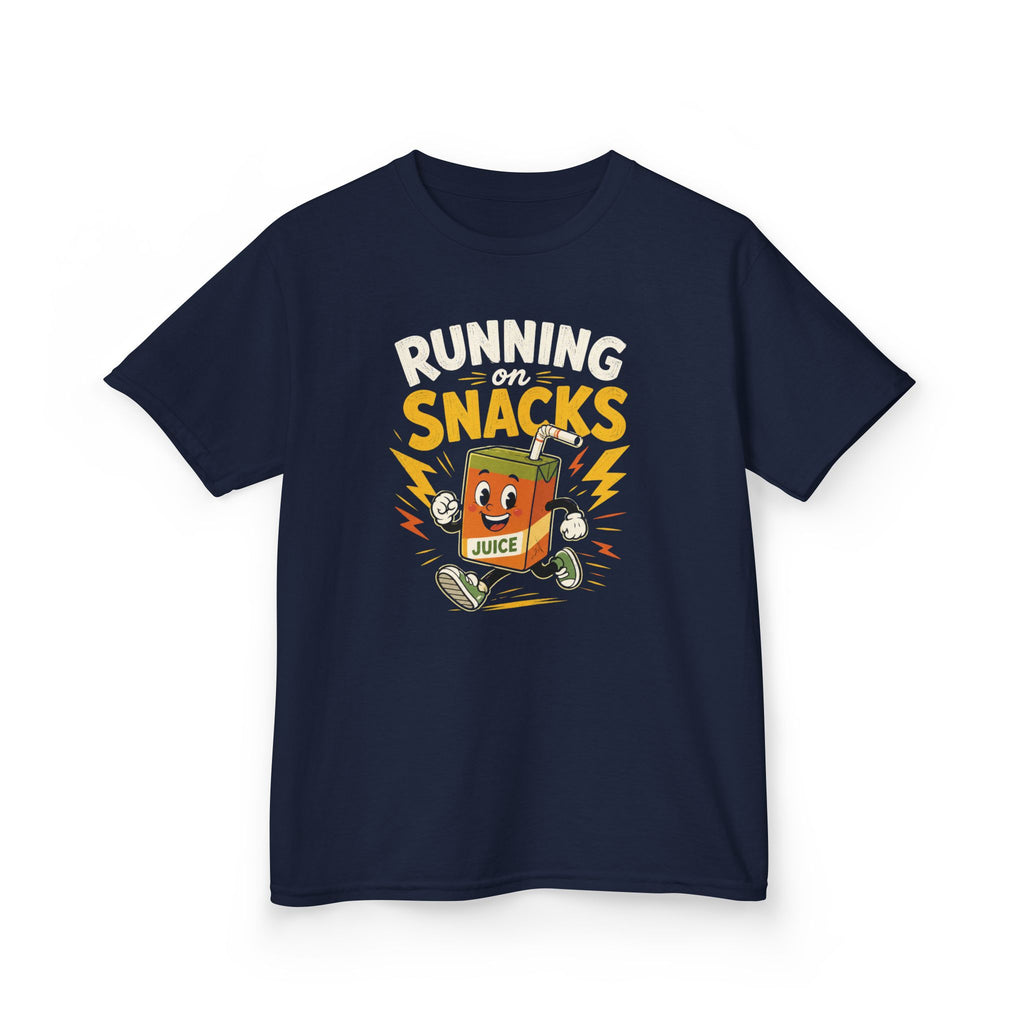 Funny Kids T-Shirt "Running on Snacks" Cartoon Juice Box Tee