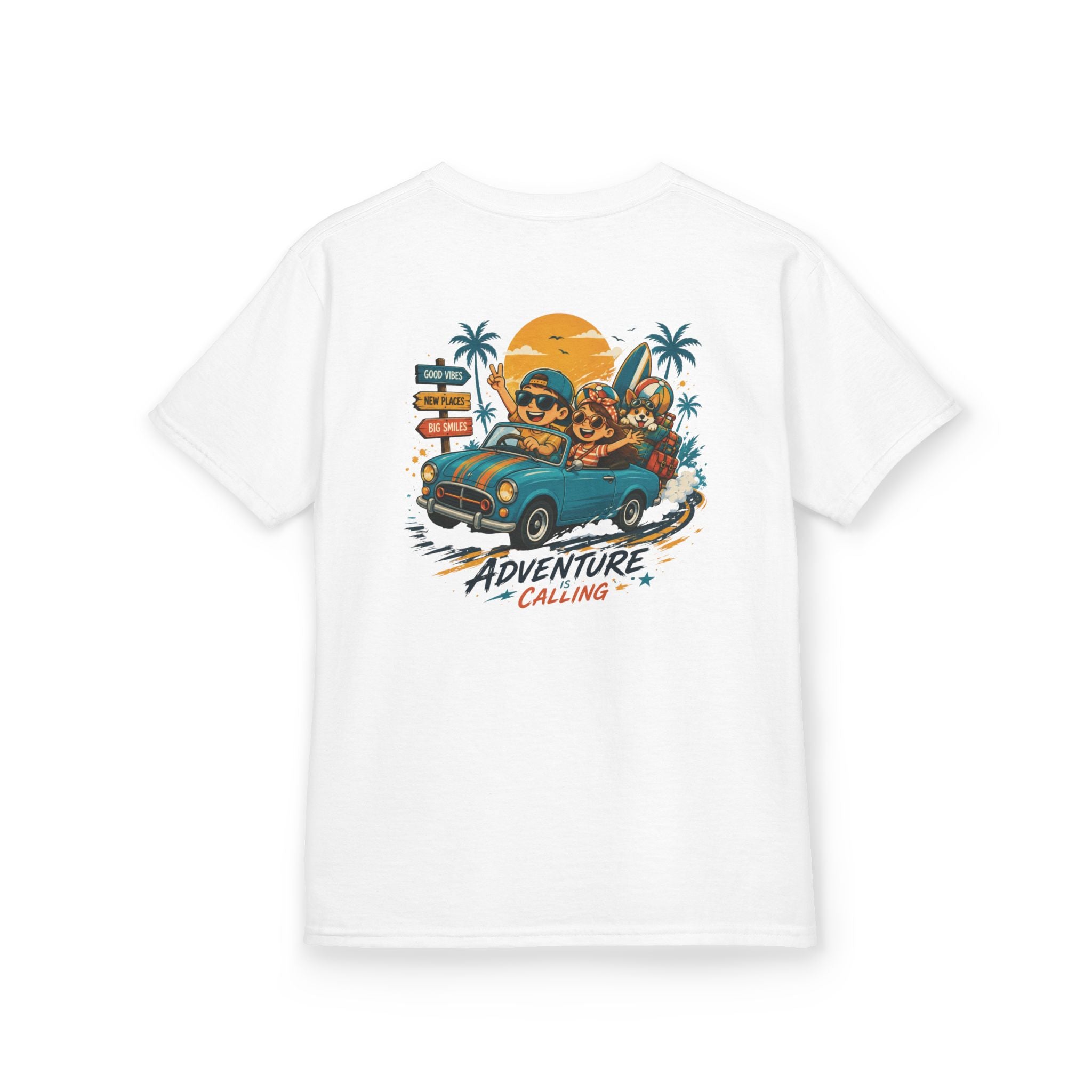 Boys Tee "Adventure Calling" Vintage Tropical Car & Sunset Graphic