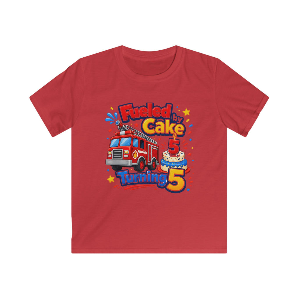 Kids Birthday T‑Shirt 'Fueled by Cake Turning 5' Fire Truck Tee