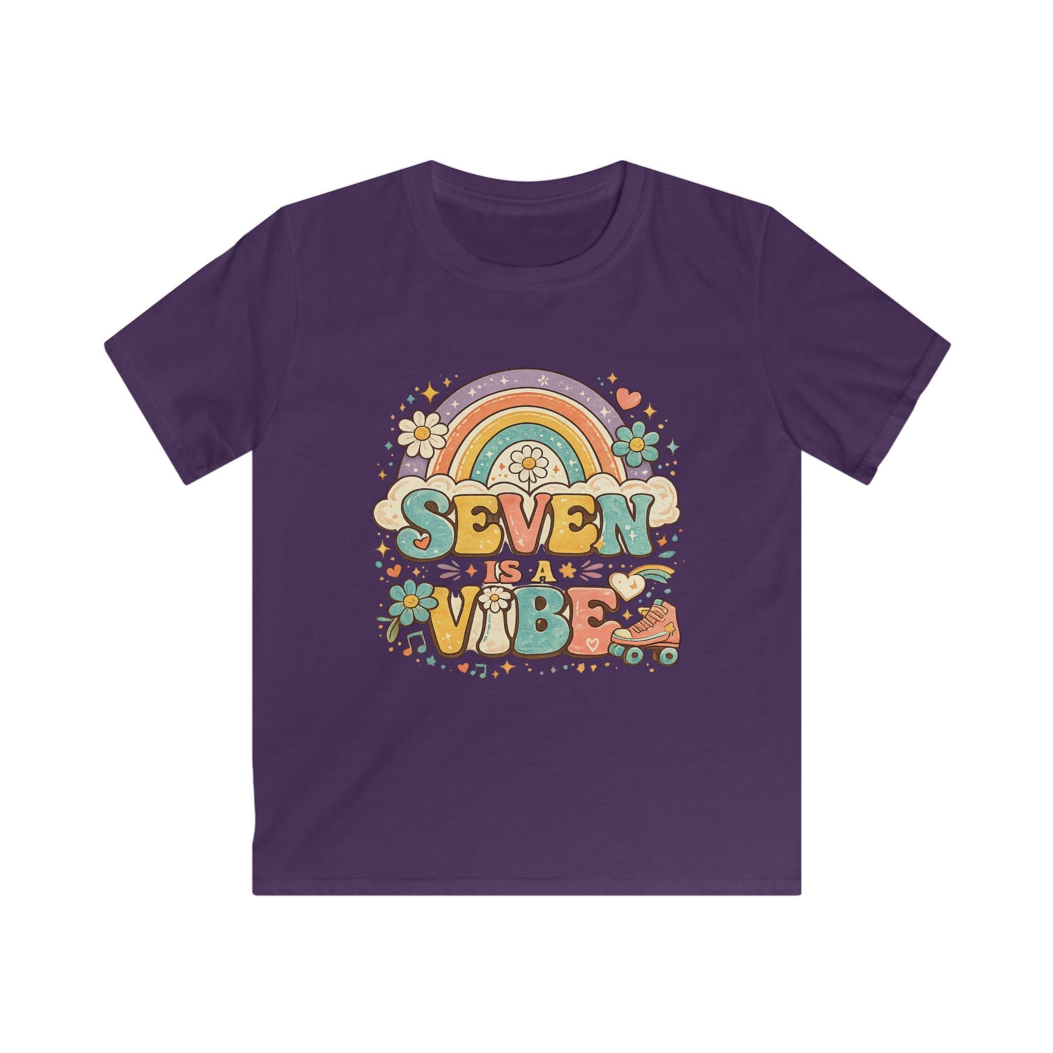 Kids Tee "Seven Is A Vibe" Retro Rainbow Roller Skate Birthday Shirt