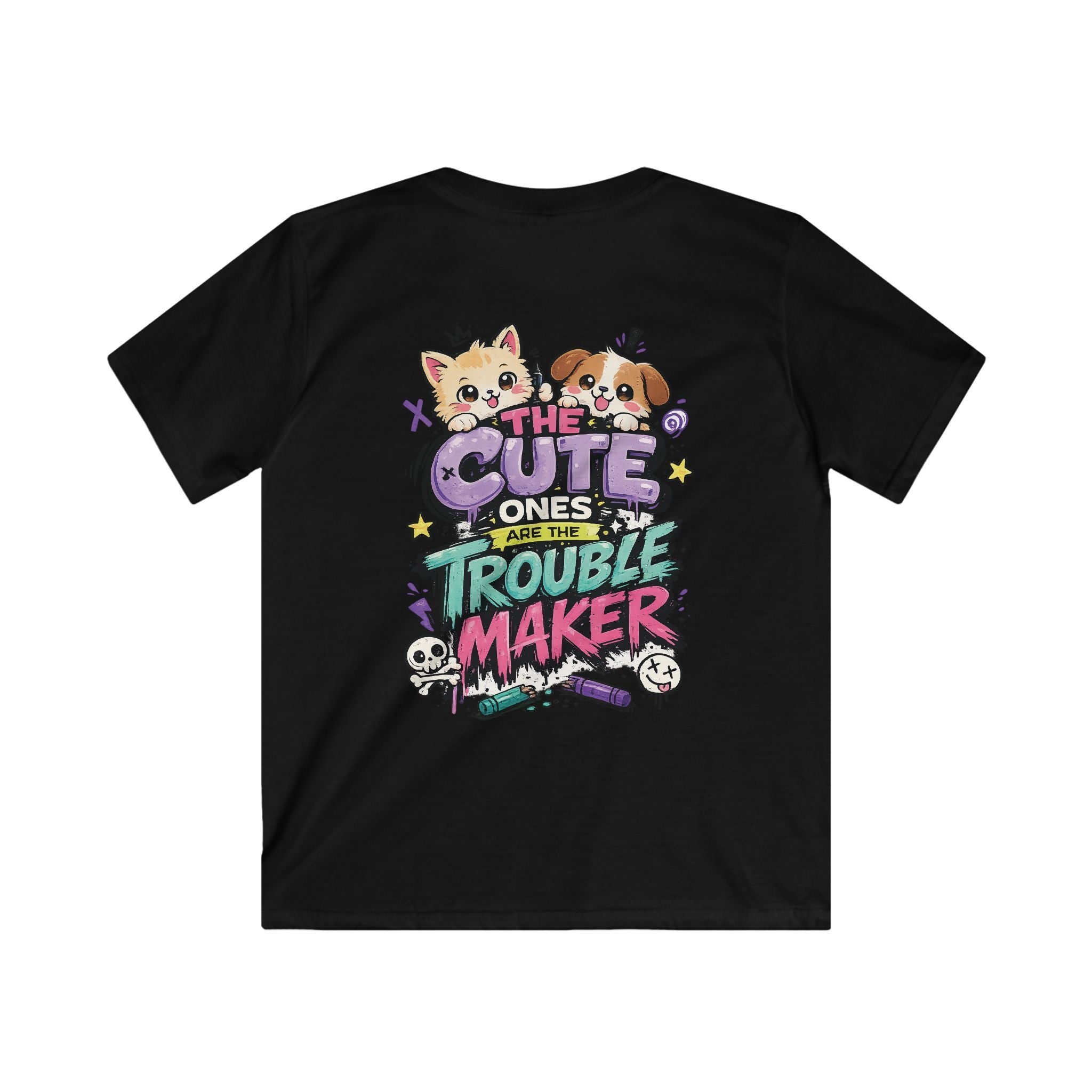 Cute Puppy & Kitten "The Cute Ones Are The Trouble Maker" Graphic Girls T-Shirt