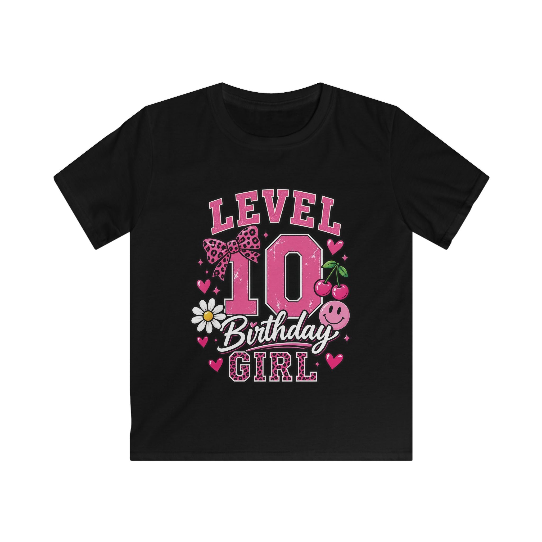 Kids Tee Pink Floral '10' Birthday Shirt with Bows & Cherries