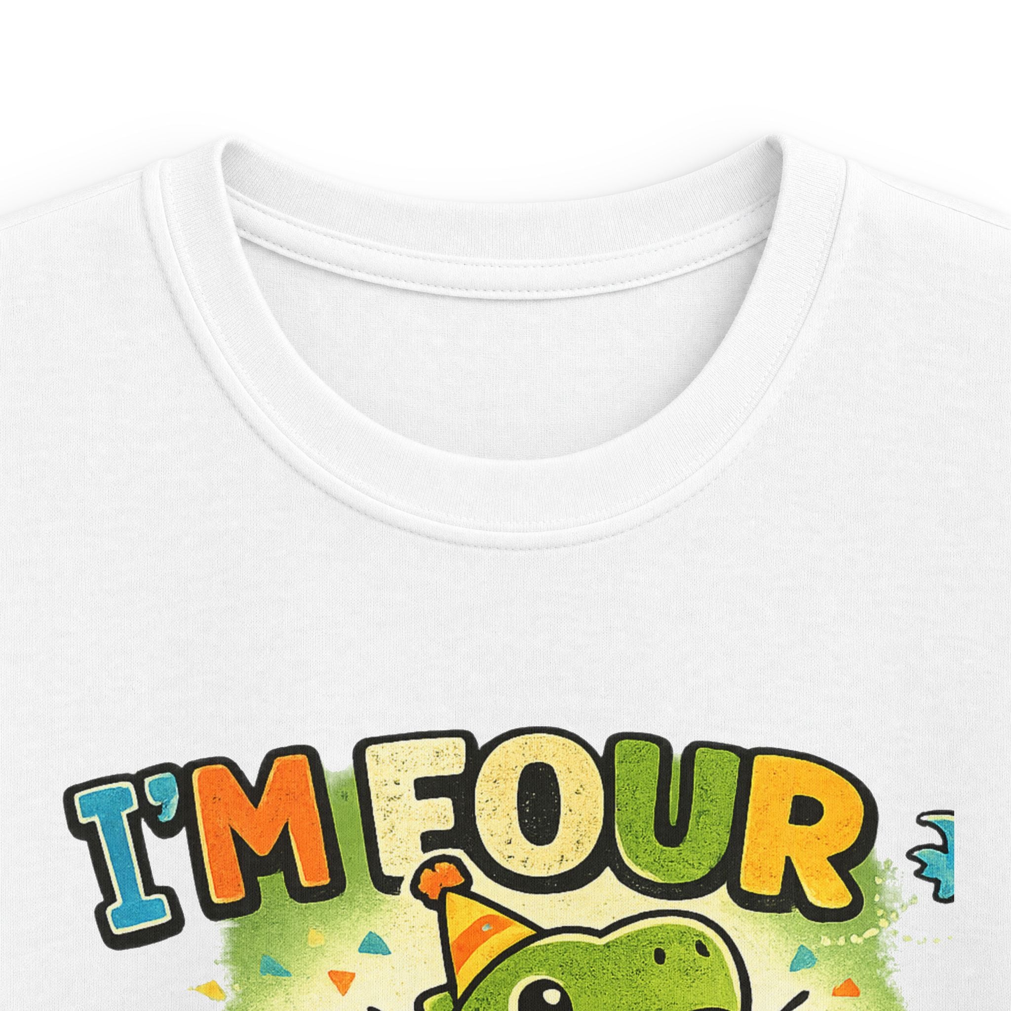 Kids Tee "I’m Four" Roaring Dinosaur Birthday Shirt