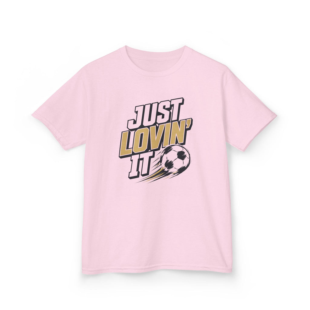 Just Lovin' It Soccer T-Shirt Design | Bold Sports Typography Graphic | Kids Soccer Lover Tee | Soccer Ball SVG Style Graphic