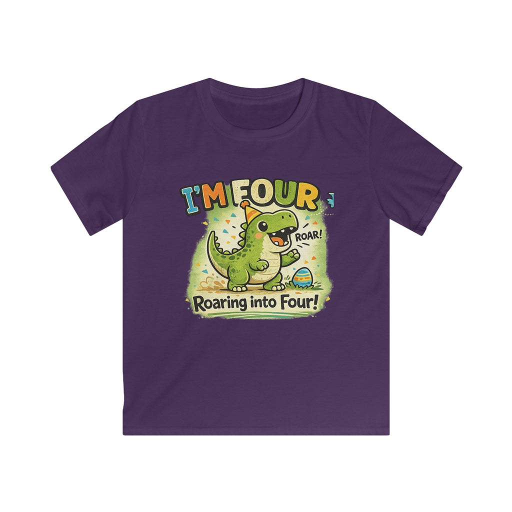 Kids Tee "I’m Four" Roaring Dinosaur Birthday Shirt